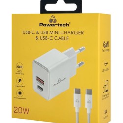 POWERTECH φορτιστής τοίχου PT-1248, καλώδιο, USB/USB-C, 20W, GaN, λευκός