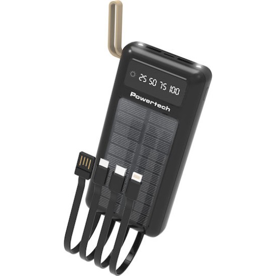 POWERTECH ηλιακό power bank PT-1084 με καλώδια & οθόνη, 20000mAh, μαύρο