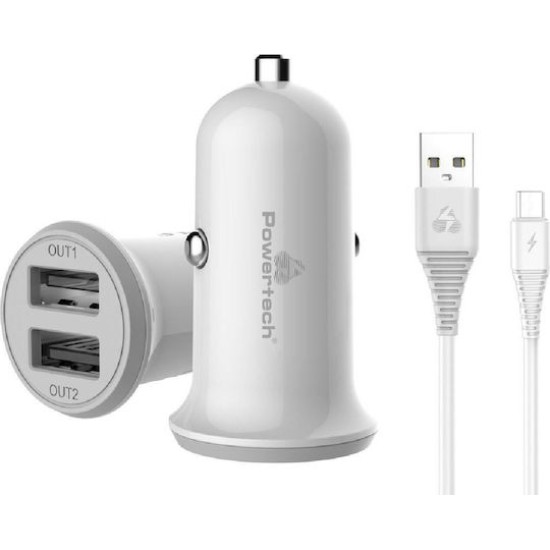 Powertech Φορτιστής Αυτοκινήτου 3.4A με Θύρες: 2xUSB μαζί με Καλώδιο Micro-USB Λευκός