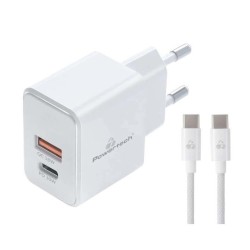 Powertech Φορτιστής GaN με Θύρα USB-A και Θύρα USB-C και Καλώδιο USB-C - USB-C 30W Power Delivery / Quick Charge 3.0 Λευκός (PT-1249)