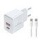 Powertech Φορτιστής GaN με Θύρα USB-A και Θύρα USB-C και Καλώδιο USB-C - USB-C 30W Power Delivery / Quick Charge 3.0 Λευκός (PT-1249)