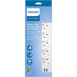 Philips Πολύπριζο 5 Θέσεων με 2 USB-A, Διακόπτη και Καλώδιο 2m