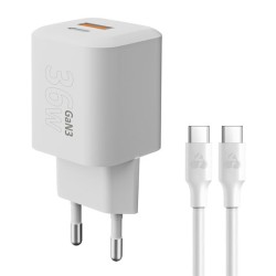 Powertech Φορτιστής GaN με Θύρα USB-A και Θύρα USB-C και Καλώδιο USB-C - USB-C 36W Power Delivery / Quick Charge 3.0 Λευκός (PT-1351)