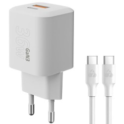 Powertech Φορτιστής GaN με Θύρα USB-A και Θύρα USB-C και Καλώδιο USB-C - USB-C 36W Power Delivery / Quick Charge 3.0 Λευκός (PT-1351)