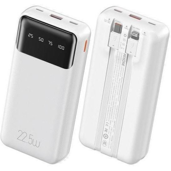 WK WP-64 Power Bank 20000mAh 22.5W με Θύρα USB-A και Θύρα USB-C Power Delivery Λευκό με δύο Καλώδια Φόρτισης