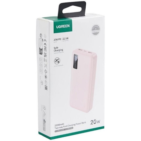 Ugreen PB312 Power Bank 20000mAh 20W με 2 Θύρες USB-A και Θύρα USB-C Power Delivery Ροζ