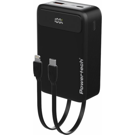 POWERTECH power bank PT-1504 με καλώδια & οθόνη, 20000mah, 22.5W, μαύρο